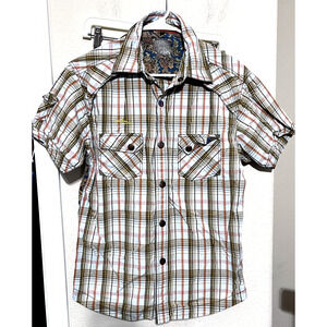 Spykar Shirt Mens L Camp Roll Tab Plaid Snap Western short sleeves Rodeo